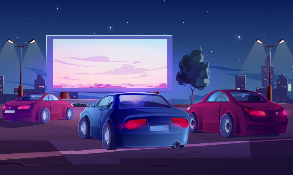 Car street cinema. Drive-in theater with automobiles stand in open air parking at night. Large outdoor screen with nature scene glowing in darkness on starry sky background Cartoon illustration