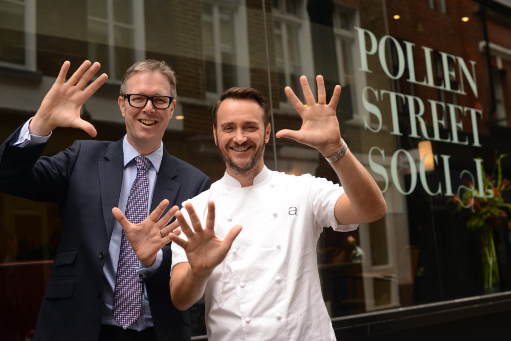 Alex Cheatle with Jason Atherton outside Pollen Street Kitchen, one of the many restaurants where our members are eager to return to after the coronavirus pandemic 