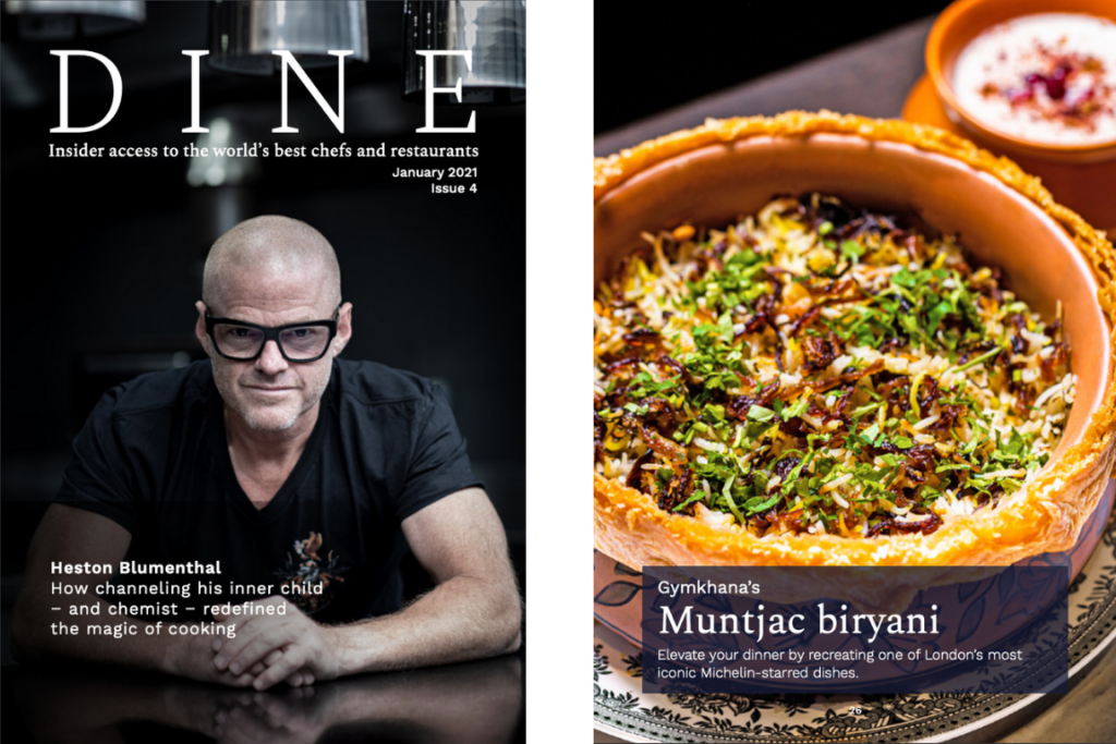 WINE and DINE: DINE magazine cover with Heston Blumenthal, plus the cover page of the Gymkhana recipe